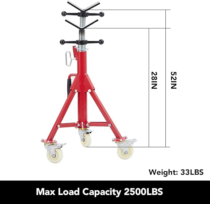 Adjustable Pipe Stand with Wheels, Heavy Duty 2500LBS Folding Welding Stand, 28 to 52 Inch V-Head Pipe Jack Stand for Pipe Welding & Threading