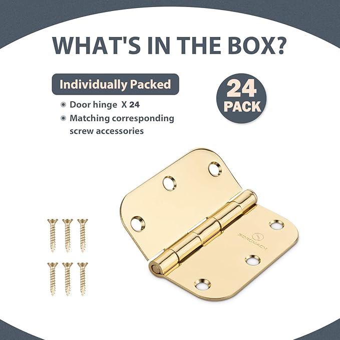 24 PackDoor Hinges Polished Brass 3.5 Inch Interior Hinges 5/8" Radius Brushed Brass Door Hinges