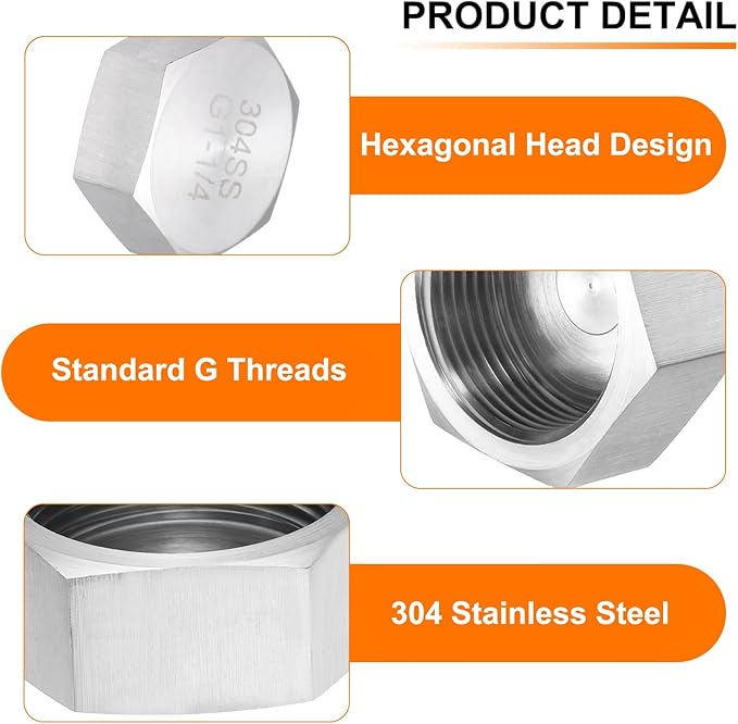 uxcell Hex End Cap 304 Stainless Steel Nut with Washer, G1-1/4 Female Thread Pipe Fitting, Gas Line Water Line Stop Valve Cap Tubing Ends for Plumbing Fittings, Silver Tone