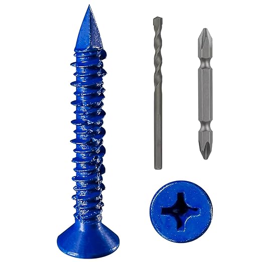 (100pcs) 3/16''x2-1/4 Concrete Screw Anchor Blue Flat Head for Anchoring to Masonry, Block or Brick Stucco
