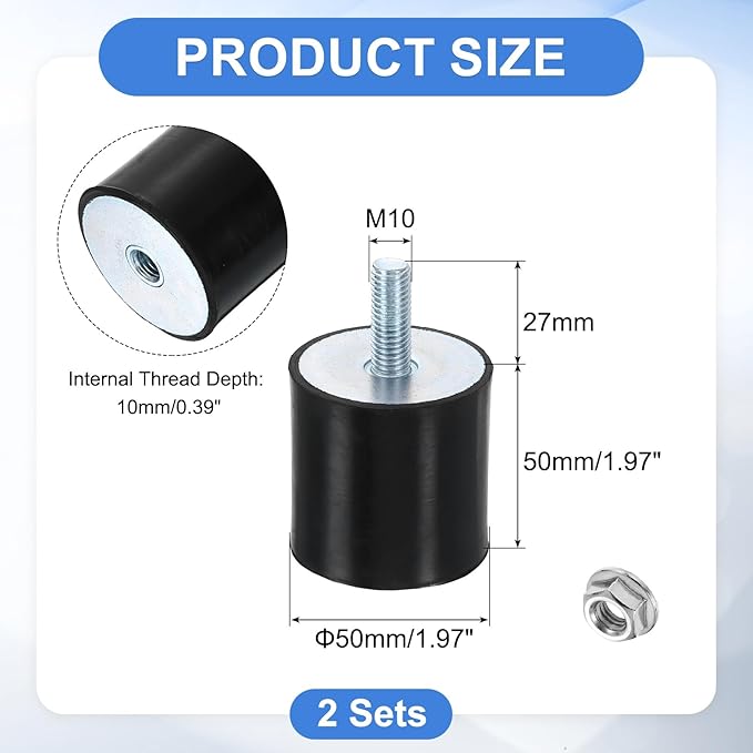 uxcell M10 Rubber Mounts, 2Pcs 50x50mm(DxH) Rubber Cylindrical Anti Vibration Isolator Shock Absorber with Lock Nut for Car Bobbin Generator Air Compressors