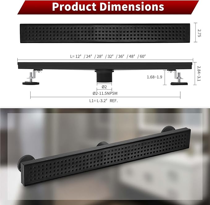 Sharp-tec Shower Drain, 32 inch Linear Shower Drain, Matte Black 304 Stainless Steel Rectangular Shower Floor Drain with Adjustable Leveling Feet, Hair Strainer, cUPC Certified, ST-112-32B