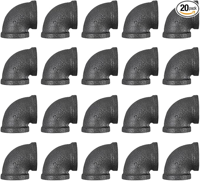 20 Pack 3/4 Inch 90 Degree Black Elbow Threaded Pipe Fittings, Cast Pipe Fittings for DIY Furniture Decorative, Steampunk Industrial Vintage Style.