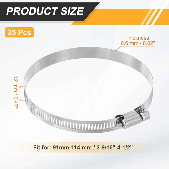 HARFINGTON 25 Pcs Hose Clamp 3-9/16"-4-1/2" (91-114mm) 304 Stainless Steel Adjustable Worm Gear Hose Clamp with Phillips Screw Assortment Kit for Fuel Line Pipe Plumbing Automotive Tube