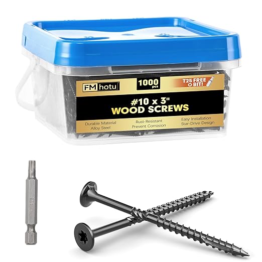 #10 x 3” Deck Screws, 1000Pcs Star Drive Wood Screws, Rust Resistant Timber Screws for Timber/Log/Landscaping Wood, T25 Star Bit Included, Black