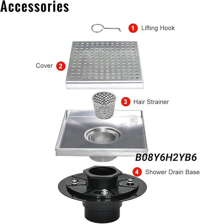 Square Shower Drain, Shower Drain 4 inch with Removable Grate Cover, Corrosion Resistant AISI 304 Stainless Steel Shower Floor Drain with Hair Catcher