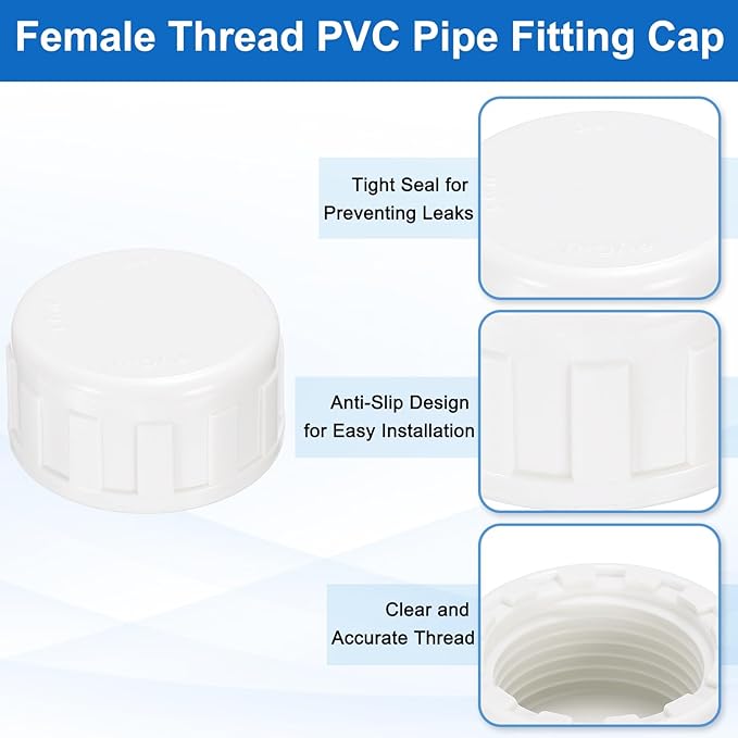 uxcell 5Pcs 3/4 Inch PT Female Thread PVC Pipe Fitting Cap, Cleanout Water Drain End Caps, Pipe Plug Socket Fittings with Gasket for Water Heater Supply Lines, Plumbing, White