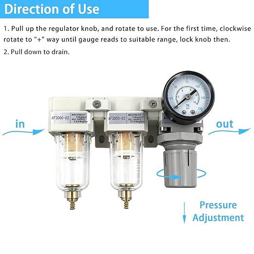 XingNEeng 1/4" NPT Compressed Air Filter Regulator Lubricator (FRL) Unit, Double Water/Oil Trap Separator, Gauge(0-150 psi), Manual Drain Air Compressor Water Separator, Poly Bowl, Metal Bracket