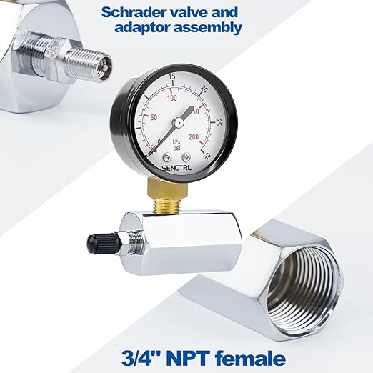 SENCTRL 0-30 Psi Gas Pressure Test Gauge, 2" Dial Size, 3/4" FNPT Connection, Brass Valve, Chrome Plated Steel Body Assembly