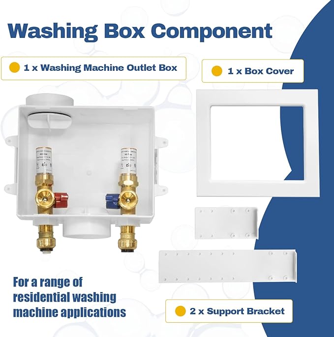 50-PACK GUOFIS Washing Machine Outlet Box with Copper Water Hammer Arrestor, PEX Laundry Washer Box with Central and Side Drain Design(1/2"Push-fit Connection Inlet X 3/4"MHT Outlet)(WM015-50Pack)