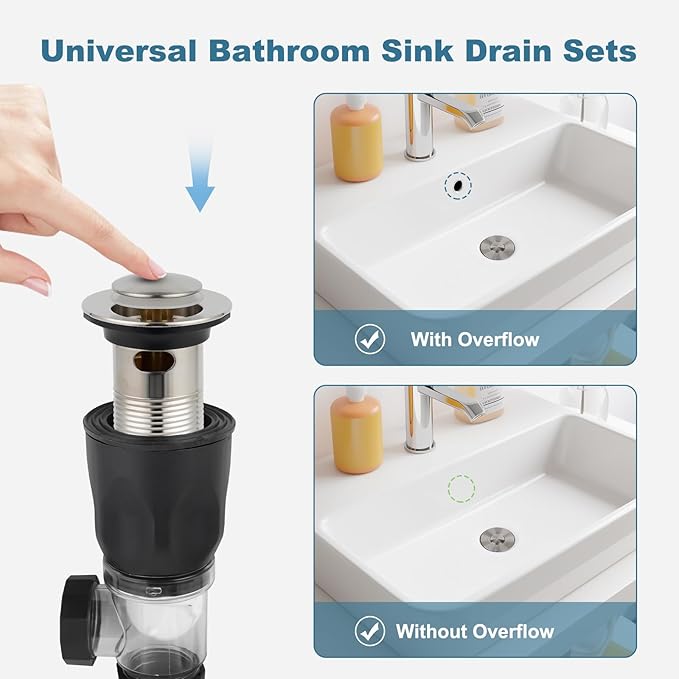 iFealClear Bathroom Sink Drain Kits, Flexible P-Trap Drain Pipe with Pop Up Stopper, Bathroom Sink Pipe Tube Replacement with 2 Adapters, Fits 1-1/4'', 1-1/2'', 2" Holes, Hair Catcher, Brushed Nickel