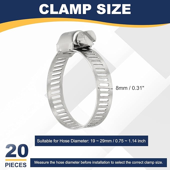 PATIKIL 20 Pcs Adjustable Hose Clamps,3/4"-1-1/8" (19mm-29mm) 304 Stainless Steel Worm Gear Drive Duct Pipe Clamp for Plumbing Automotive Mechanical Hose Connections, Silver