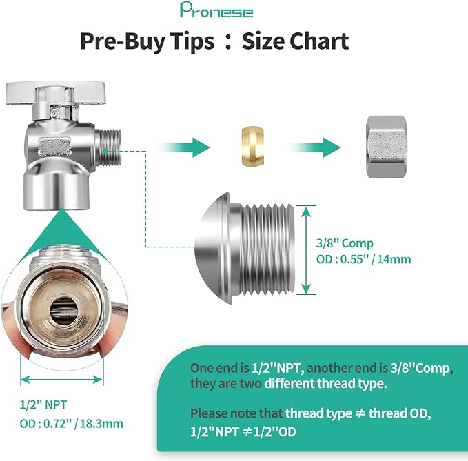 2 Pack Premium Brass Chrome plated 1/2" FIP Female Thread x 3/8 Inch OD Compression Quarter Turn Water Angle Stop Valve Shut Off
