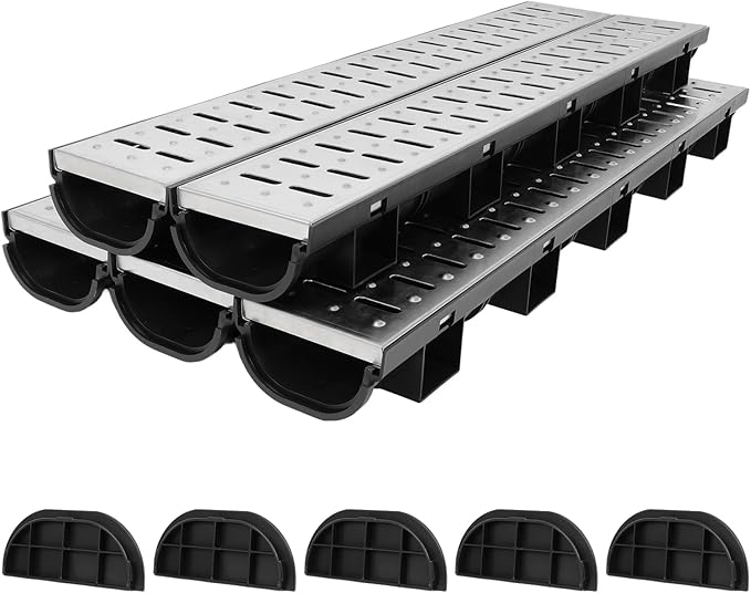 FAHKNS 5 Pack Trench Drain System, HDPE Channel Drainage with 304 Stainless Steel Metal Grate, Durable Garage Flooring Drain for Driveway, Garden, Patio, Pool Deck, Easy to Install