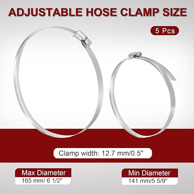 MECCANIXITY 6 Inch Stainless Steel Hose Clamp, Worm Gear Clamp Adjustable 5 5/9"-6 1/2"(141-165mm) Fuel Line Hose Clamps Duct Clamp for Pipe Plumbing Automotive Mechanical (Pack of 5)
