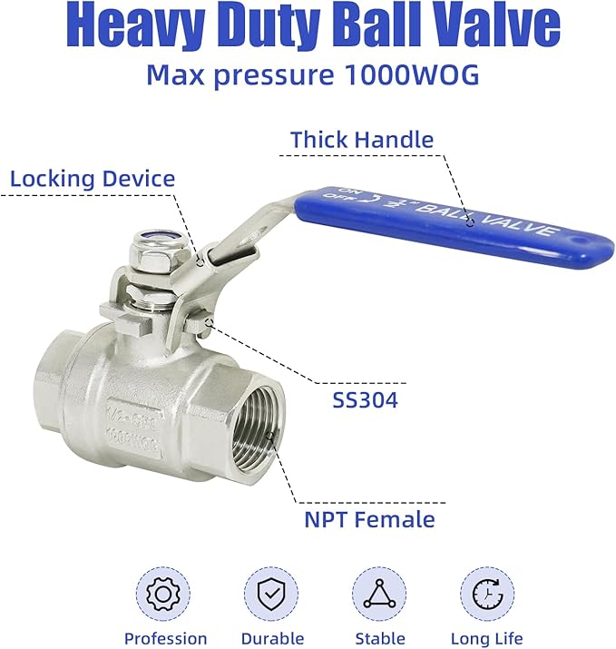YADIAN 4 Pack 1/2'' Stainless Steel 304 Ball Valves, NPT Female Full Port Ball Valve Heavy Duty Shut Off Valve 1/2 inch for Water, Oil, and Gas with Locking Device, NPT Female, 1000 WOG