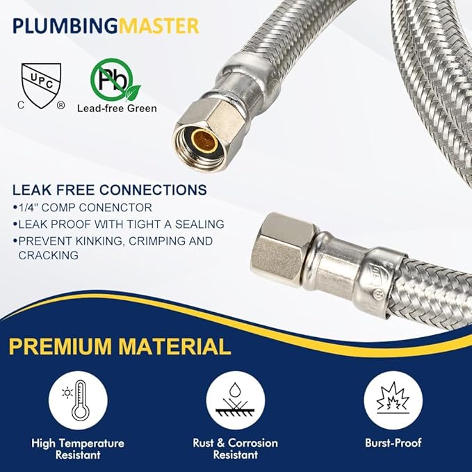 25ft Ice Maker Water Line Stainless Steel Braided – Flexible Refrigerator Water Supply Tube with 1/4" Quick Connect Fitting, Universal Fit