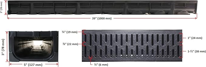 URA WATER - Model UA-100 - Drainage Trench Set - Channel Drain With Grate - Black Plastic - 1 x 39" Long