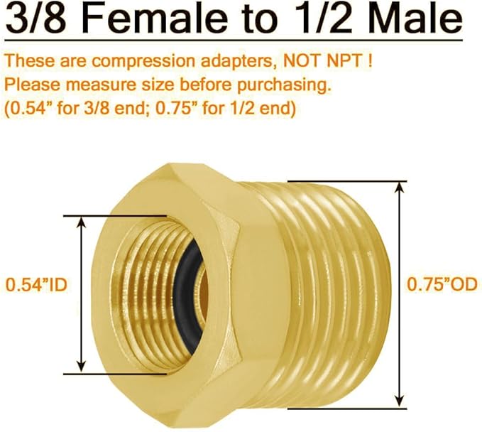 Joywayus 1/2 G Male to 3/8 Compression Female Thread Bushing Pipe Fitting, Brass Reducer Faucet Connector Water Hose Adapter, Supply Line Adapter for RV Kitchen Bathroom Plumbing 4PCS