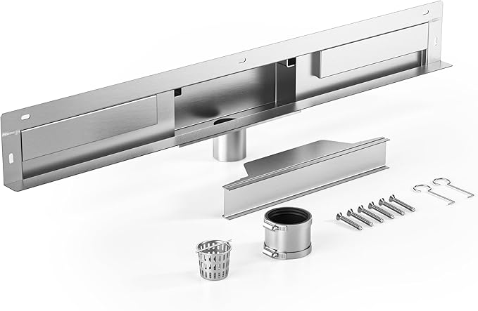 Linear Wall Drain 30’’, 304 Stainless Steel Side Drain w/Tiled Grate & Hair Strainer, Brushed Tiled Shower Drain for Bathroom, CUPC Certified