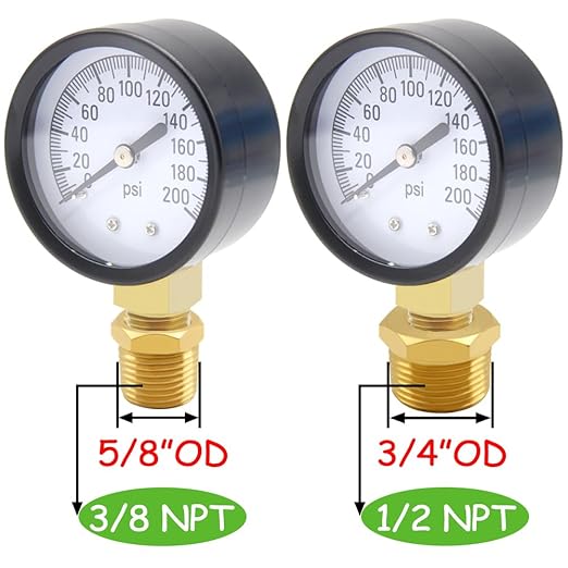 Pressure Gauge 0-200PSI 1/4" NPT Male Brass Bottom Mount 2" Dial Stainless Steel Case Include 1/2" NPT and 3/8" NPT Connector Universal Multifunctional