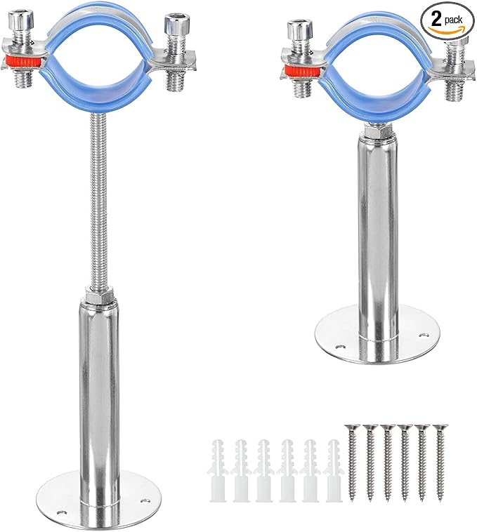 2 Pack Stainless Steel Wall Mount Ceiling Mount Pipe Supports, Adjustable Pipe Strap Bracket Clamp with Screws for Pipe 38-40mm 1-1/4" Adjustable Height 110-145mm