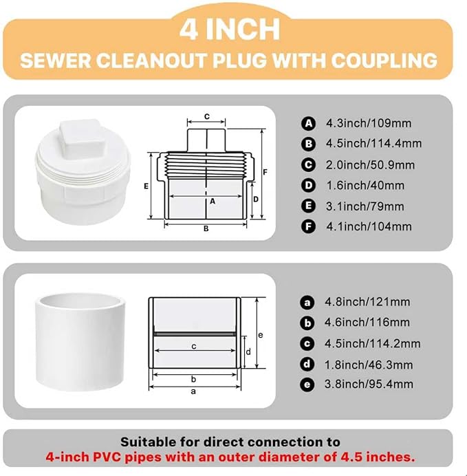 UYHSEI4" PVC Sewer Cleanout Adapter with Cover & Plug, DWV Flush Sewer Cleanout Cap, Hub x Hub Coupling for 4-Inch Sewer & Drain Pipe, Plumbing and Irrigation System (4 inch kit)