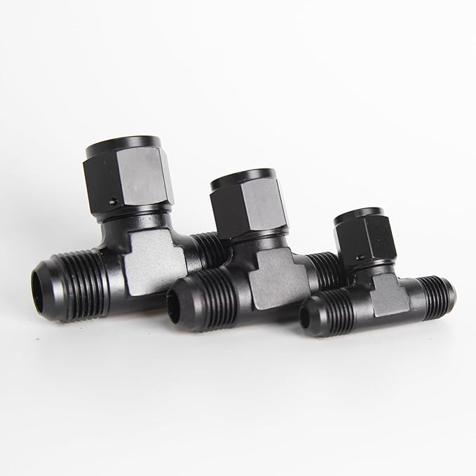 8AN Male Tee Fitting Adaptor with AN8 Female Swivel on Side Black