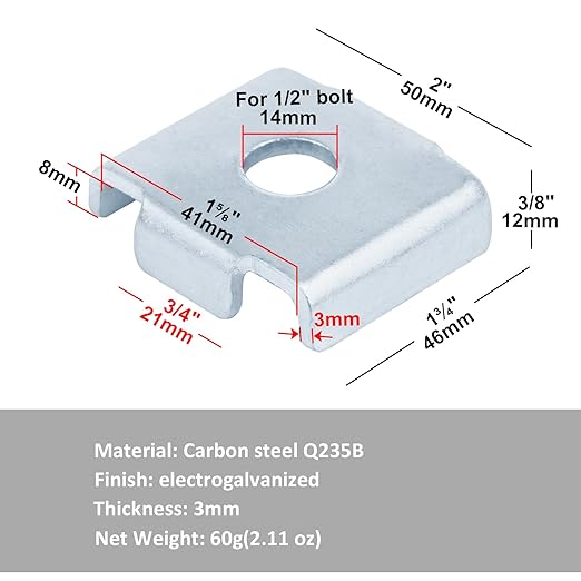 20 Pcs Square Washers Accept 1/2" Bolt, Flat Saddle Washer for 1-5/8" Strut Channel