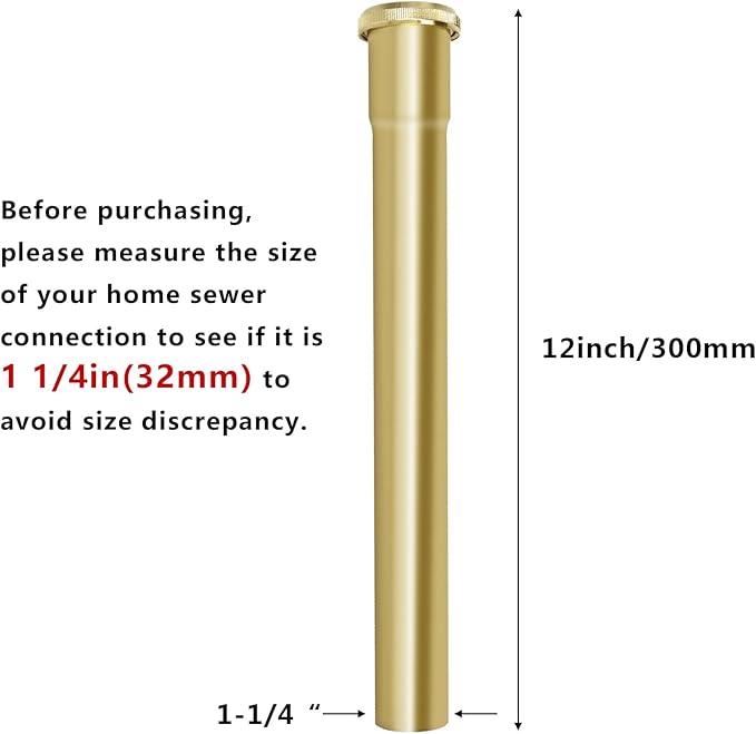 Brass Slip Joint Extension Tube，1-1/4 Inch O.D(32mm) x 12 Inch P Trap Extension Pipe with Nut and Rubber Washer, Sink Drain Tailpiece for Bathroom Kitchen(Gold)