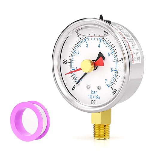 0-100PSI Stainless Steel with Reset Pointer Liquid Filled Pressure Gauge, 2.5" Dial Size, 1/4" NPT Lower Mount, for Tube, Water Pump, Gas, Liquid, Pressure Test