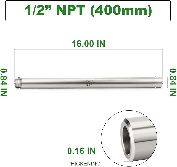 TAISHER 1PCS 304 Stainless Steel Pipe Fittings, 1/2" NPT Male Threaded, 16" Length Weld Nipple Cast Pipe