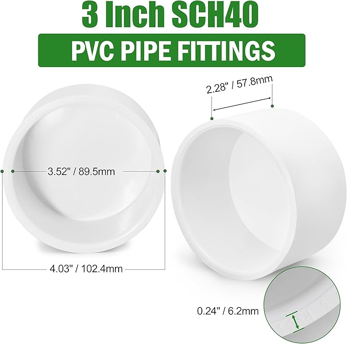 SCH40 PVC Cap 3 Inch - Fit Standard 3" SCH40 PVC Pipes (OD Approx. 3.5"), Zernmiarder Furniture Grade Pipe Caps, White Pipe Cover Fittings for Plumbing, DIY, Garden & Furniture - 2 Pcs