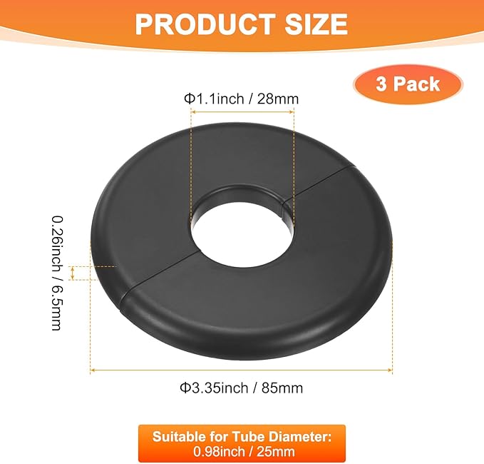 3-Pack Wall Split Flange, ABS Round Self-Adhesive Escutcheon Plate Cover Buckle for 25mm/0.98 in Dia Pipe Accessories/Floor/Ceiling, Plumbing Cover Plates [Black,6.5mm/0.26in H]
