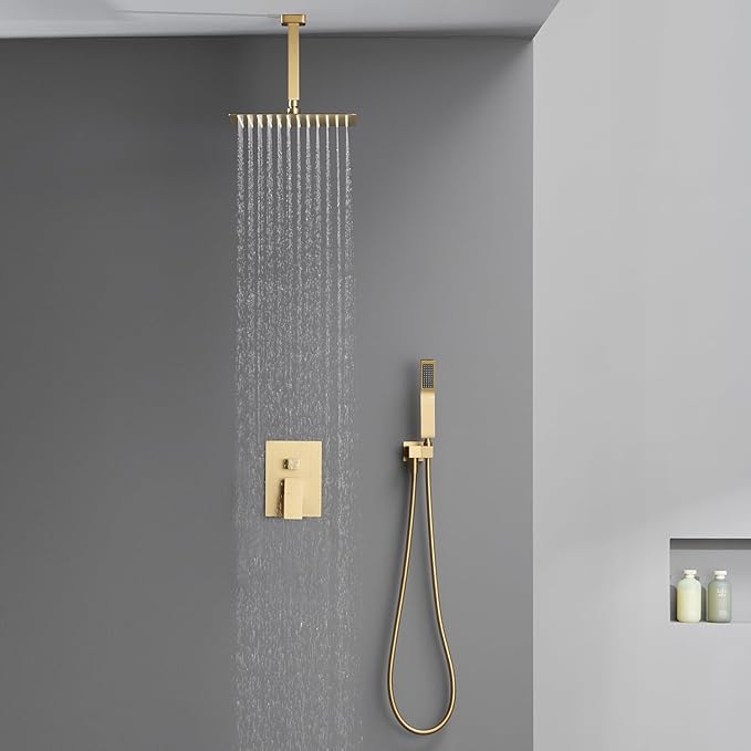 Shower System 12 Inches Rain Shower Combo Set Brushed Gold Ceiling Mount Shower Faucet Bathroom Faucets with Rainfall Shower Head and Hand Shower