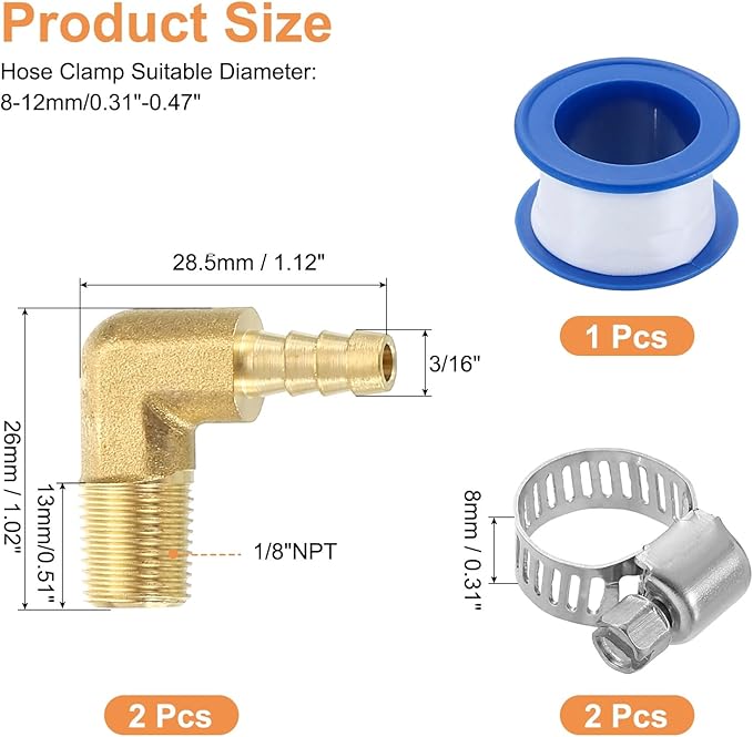 uxcell 2Pcs Brass Hose Barb Fittings, 3/16" x 1/8" NPT 90 Degree Elbow Hose Connector with Hose Clamps for Water Fuel Gas Oil Transportation