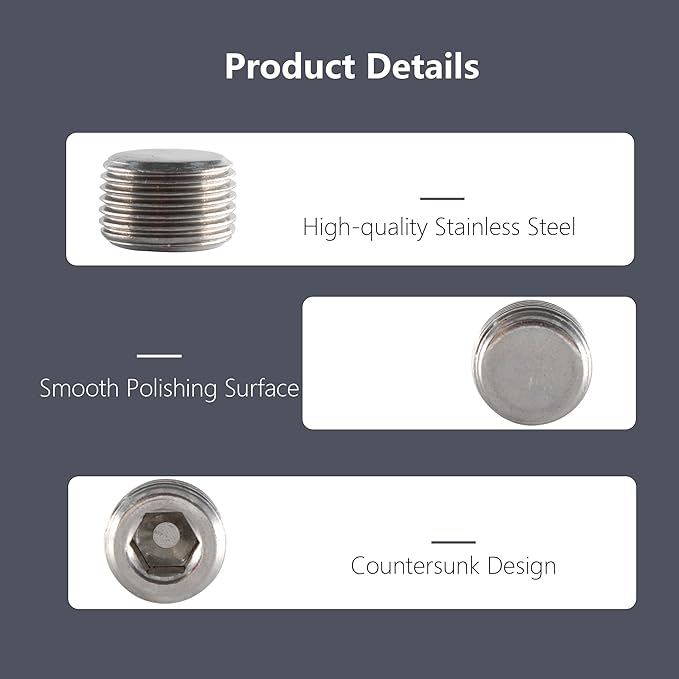 Stainless Steel Pipe Fitting 3/8" NPT Hexagonal Countersunk Male Thread Pipe Plug, 3PCS