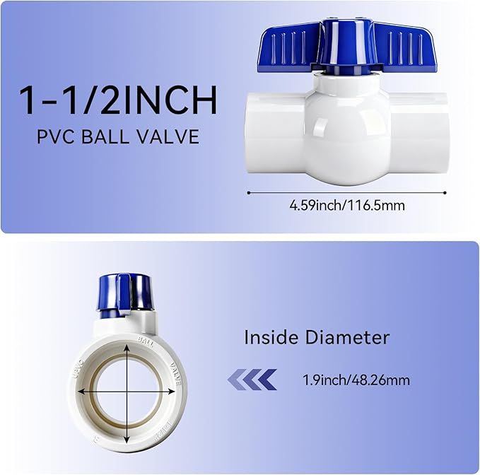 6 Pack 1-1/2" PVC Ball Valve, SCH40 Slip Plastic Water Pipe Valve T-Handle Shut-Off Valve Socket, PVC Valve 1-1/2inch for Swimming Pool, Sprinkler Lines, Outdoor Plumbing & Irrigation System