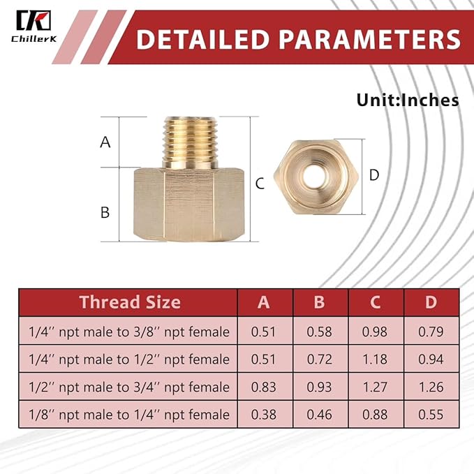 Hex Couplings, 1/4" x 1/2" NPT Male To Female Brass Hex Nipple Adapters, Brass Pipe Extension Fittings for Oil/Air/Water/Gas Systems. (2 Pack)