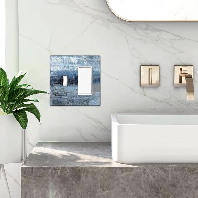 Blue Grey 2-Gang Combination Switch Plate Modern Light Switch Cover Abstract Art Decortive Wall Plate Cover Wallplates for Kitchen Home Bedroom Decor