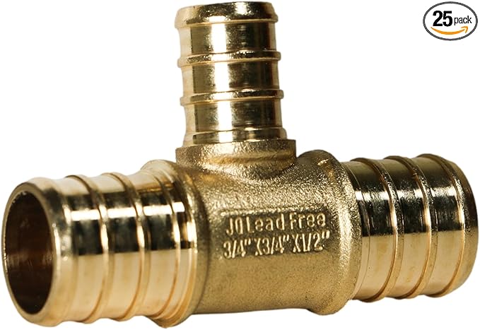 XFITTING 3/4 inch x 3/4 inch x 1/2 inch Pex Tee, Reducing Tee, Pex B Crimp Version, Brass, 25 Pieces