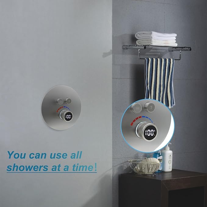 Round Digital Display Shower Valve 2 Way Shower Mixing Valve Concealed Installation Can Use All the Time Brushed Nickel