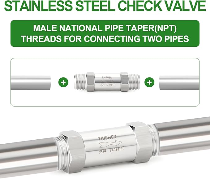 TAISHER 1PCS 304 Stainless Steel 1/4" NPT Male Check Valve,Backflow Prevention,One Way Non-Return Check Valves
