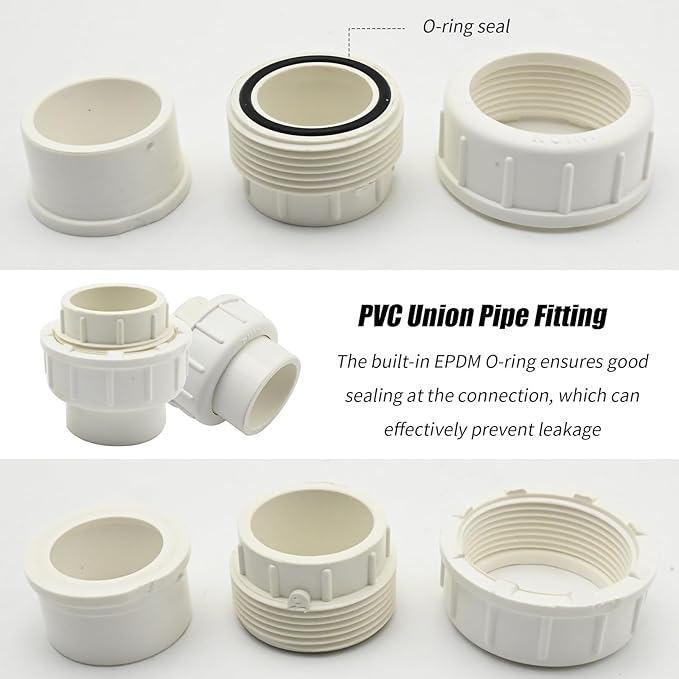 4 Pcs 1" White PVC Union Pipe Fitting (Socket x Socket), PVC Slip Union Adapter Coupling Schedule 40 EPDM O-Ring, Coupling Pipe Fitting