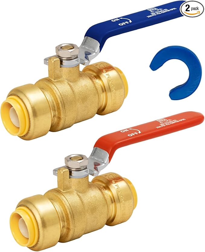 Shut Off Ball Valve 3/4 Inch, SUNGATOR 3/4 Inch Ball Valve, Push-to-Connect Water Shutoff, Easily Match to Pipe using Red and Blue Handle, No Lead Brass Fittings for PEX Pipe, Copper, CPVC, Pack of 2