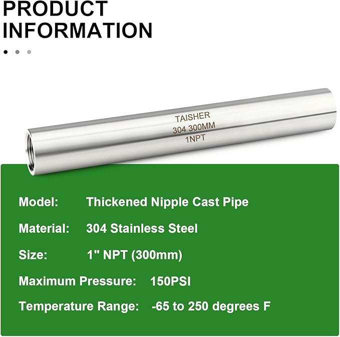 TAISHER 2PCS Stainless Steel Pipe Fittings, 1" NPT Female x 1" NPT Female Threaded, 12" Length Thickened Nipple Cast Pipe