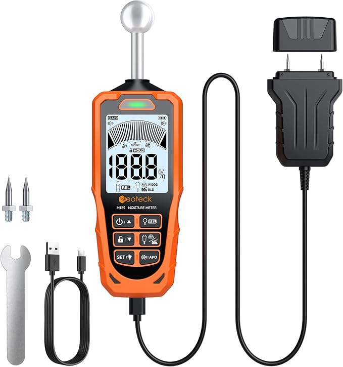 Neoteck 2-in-1 Dual Probe Moisture Meter 40mm Spherical Moisture Reader & ±2.5% Accuracy Pin Moisture Meter with LCD Display and Audio Alarm for Wood Wall Concrete Drywall Firewood Lumber
