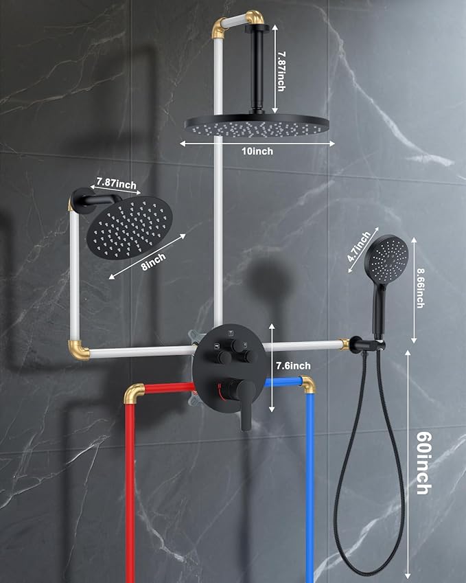 Shower System with Pressure Balance Valve, 10" Ceiling Mount Shower Faucet Set with 2 Rain Shower Head And Multi-function Handheld Head Push Button Diverter Pressure Balancing Valve Kit, Matte Black