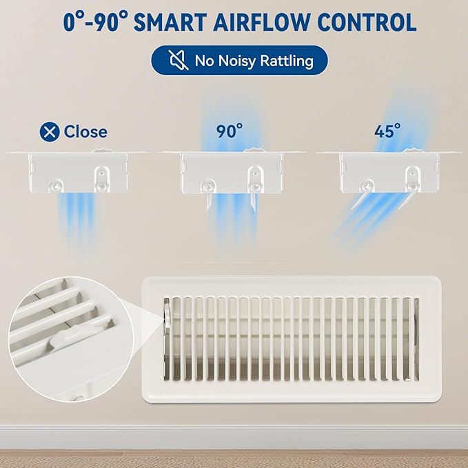 4" x 10" Floor Register Vent Covers 4-Pack, Walkable Powder-Coated Metal Vent Covers with Adjustable Airflow, Curved Safe Edges for Floor/Wall, White