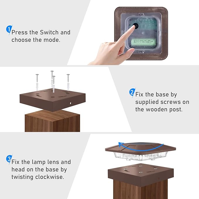 Peasur 4x4 Solar Post Cap Lights Outdoor with 3 Modes, Brown Fence Light Solar Powered Waterproof, Wood/Vinyl Deck Posts Lights for Deck Yard Garden Patio Porch Railing Outside